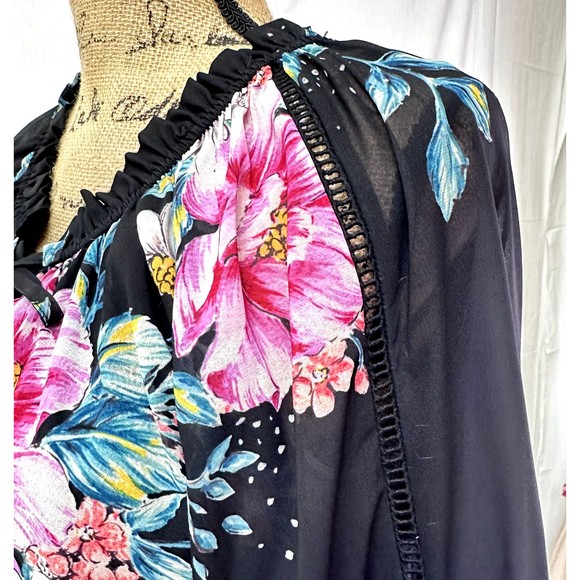 Yumi Kim Women’s Silk Blouse Sz S Black Pink Floral Print Tie Ruffled Neck - Picture 4 of 14